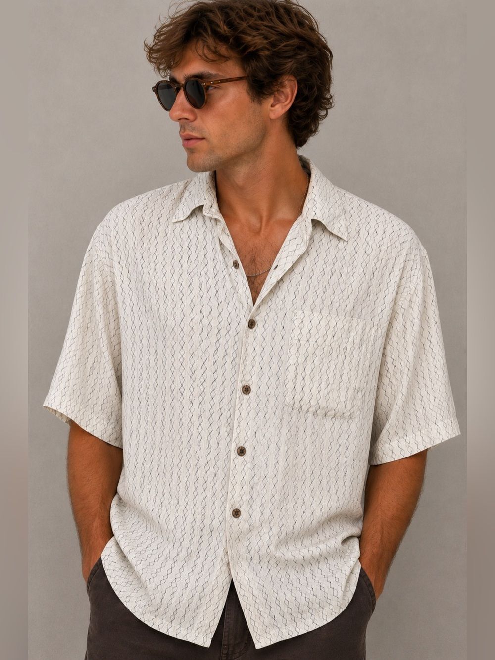 Vintage Silk Men’s Hawaiian Camp Shirt XL Ivory Blue Geometric Print 100% Silk